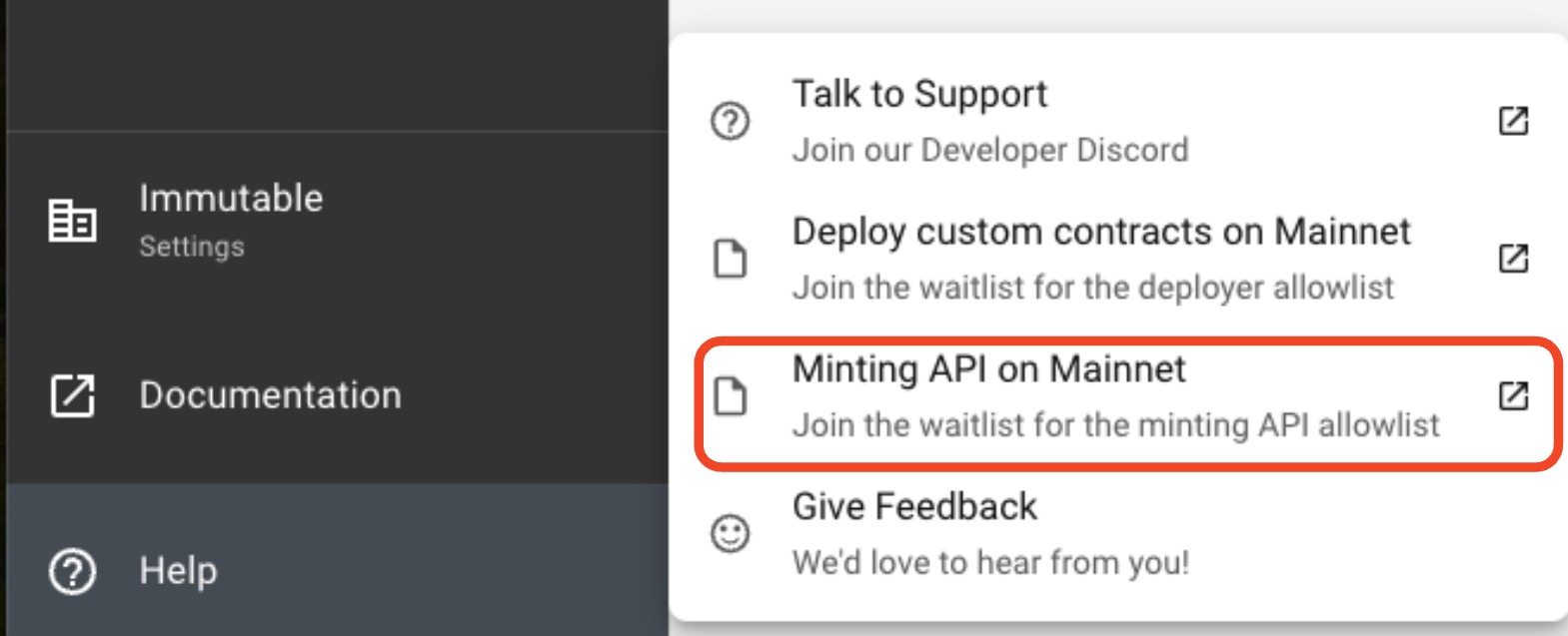 Minting API Help Menu